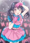  1girl a5hio absurdres alternate_color alternate_costume arm_up audience bang_dream! bang_dream!_girls_band_party! blurry blurry_background blush brown_eyes concert cosplay cowboy_shot detached_sleeves double_w dress earrings frilled_dress frilled_gloves frills futaba_tsukushi gloves glowstick hair_ornament hand_up highres hoshino_ai hoshino_ai_(cosplay) idol idol_clothes jewelry long_hair looking_at_viewer one_eye_closed open_mouth oshi_no_ko penlight_(glowstick) pink_dress pink_gloves purple_hair rabbit_hair_ornament sidelocks solo sparkle standing star-shaped_pupils star_(symbol) star_hair_ornament symbol-shaped_pupils turtleneck twintails w 