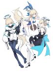  1girl ammunition_pouch animal_ear_hairband animal_ears apron black_pants blonde_hair blue_archive blue_bow blue_eyes blue_gloves blue_halo blue_leotard blue_shoes boots bow breasts chest_harness closed_mouth commentary detached_collar dexien fake_animal_ears full_body gloves hair_bun hairband halo harness high_heels highres holding holding_weapon holster hood hooded_jacket jacket leotard long_hair low_ponytail maid maid_apron maid_headdress pants ponytail pouch rabbit_ear_hairband rabbit_ears shoes simple_background small_breasts solo thigh_holster thighhighs toki_(armed)_(blue_archive) toki_(blue_archive) toki_(bunny)_(blue_archive) v weapon white_background white_boots white_jacket white_thighhighs 