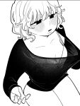  1girl bare_legs blush bob_cut bra breasts collar_tug commentary_request from_above greyscale hatching_(texture) highres idaten_funisuke long_sleeves looking_down monochrome original parted_lips see-through_clothes see-through_shirt shirt short_hair small_breasts solo underwear wavy_hair 