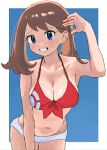  1girl aonomogu bikini blue_background blue_eyes border bow bow_bikini breasts brown_hair cleavage collarbone commentary_request highres looking_at_viewer may_(pokemon) medium_hair navel pokemon pokemon_ruby/sapphire/emerald red_bikini solo swept_bangs swimsuit upper_body white_border 