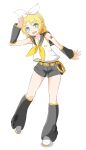  1girl aqua_eyes belt black_leg_warmers black_sailor_collar black_shorts black_sleeves blonde_hair bow breasts commentary_request detached_sleeves full_body hair_bow hair_ornament hairclip headphones headset highres kagamine_rin leg_warmers looking_at_viewer neckerchief number_tattoo open_mouth parallel_hairclips sailor_collar shirt shoes short_hair shorts simple_background sleeveless sleeveless_shirt small_breasts smile standing standing_on_one_leg tattoo toushirou_(sugarwhite1046) treble_clef vocaloid white_background white_bow white_shirt white_shoes yellow_belt yellow_nails yellow_neckerchief yellow_trim 
