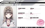  1girl absurdres aegyo_sal birthday_date blunt_bangs breasts brown_hair character_name character_profile chastity_key choker cleavage closed_mouth collared_shirt commentary cup_size english_commentary english_text grey_eyes height highres id_card id_card_(medium) jewelry key large_breasts long_hair looking_at_viewer loose_necktie measurements necklace necktie original pazzimo photo_(object) red_necktie shirt smile sparkle_earrings sparkle_pendant text_focus three_sizes two-sided_shirt upper_body white_shirt yunji_(pazzimo) 