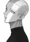  1boy closed_mouth earrings from_side greyscale jewelry kota_uro looking_at_viewer looking_to_the_side male_focus monochrome shaved_head shiba_hakkai shirt short_hair simple_background slit_pupils solo tokyo_revengers turtleneck turtleneck_shirt twitter_username white_background 