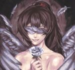  1girl absurdres aeoncore1 angel_wings bear_hair_ornament brown_hair carmen_(project_moon) collarbone commission covered_eyes falling_feathers feathered_wings feathers flower grin hair_ornament high_ponytail highres holding holding_flower lobotomy_corporation long_hair male_focus nude ponytail portrait project_moon rose smile solo white_feathers white_flower white_rose white_wings wings 