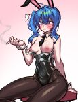  1girl absurdres alternate_breast_size_(larger) animal_ear_hairband animal_ears arm_rest bar_stool between_fingers black_leotard blue_eyes blue_hair blush breasts cigarette closed_mouth commentary_request covered_navel detached_collar embarrassed fake_animal_ears gradient_background hair_between_eyes hairband highleg highleg_leotard highres holding holding_cigarette hololive hoshimachi_suisei inverted_nipples leotard long_hair low_neckline medium_breasts motion_lines necktie nipples onemore_1more pantyhose pink_background playboy_bunny rabbit_ear_hairband rabbit_ears side_ponytail sitting smoke smoke_trail solo star_(symbol) star_in_eye stool strapless strapless_leotard surprised symbol_in_eye virtual_youtuber wardrobe_malfunction white_background white_wrist_cuffs wrist_cuffs 