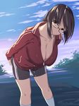  bike_shorts black_hair breasts brown_eyes cleavage cloud day glasses hands_on_ass hanging_breasts inu_(aerodog) jacket large_breasts leaning_forward long_hair looking_at_viewer original sky solo track_jacket twitter_username 