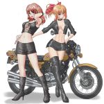  2girls absurdres biker_clothes bikesuit blue_eyes boots brown_hair ground_vehicle heart heart-shaped_pupils highres motor_vehicle motorcycle multiple_girls ponytail short_hair symbol-shaped_pupils thigh_boots thighhighs yuta0toku 