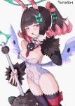  1girl absurdres animal_ears artist_name bare_shoulders black_hair black_thighhighs blush bow breasts clothing_cutout colored_inner_hair cowboy_shot detached_collar detached_sleeves fake_animal_ears fur-trimmed_sleeves fur_trim green_bow hair_bow hair_ornament halo handjob_gesture highleg highleg_leotard highres holding holding_weapon leotard looking_at_viewer medium_breasts multicolored_hair nangong_yu navel_cutout necktie open_mouth pink_hair playboy_bunny rabbit_ears red_eyes red_necktie sexually_suggestive simple_background solo strapless strapless_leotard thighhighs twintails weapon white_background white_leotard white_wings wings yuriel_dante zenless_zone_zero 