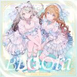  2girls :< absurdres album_cover animal_ears aqua_eyes black_hair blue_bow blue_bowtie blue_eyes bow bowtie breasts brown_hair character_request cleavage commentary_request copyright_request cover dress fang frilled_dress frills from_above gradient_hair highres looking_at_viewer multicolored_hair multiple_girls namu_ta03 on_floor open_mouth sitting skin_fang slit_pupils smile snow_leopard_ears snow_leopard_girl snow_leopard_tail tail white_dress white_hair 