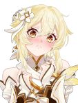  1girl ay_18kusanagi bare_shoulders blonde_hair bridal_gauntlets clenched_hands closed_mouth commentary_request detached_sleeves flower frown genshin_impact hair_between_eyes hair_flower hair_ornament hands_up highres looking_at_viewer lumine_(as_heaven_and_earth_are_made_anew)_(genshin_impact) lumine_(genshin_impact) official_alternate_costume portrait simple_background solo white_background white_bridal_gauntlets yellow_eyes 