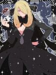  1girl alternate_breast_size_(larger) blonde_hair blush breasts cleavage closed_mouth coat commentary_request cynthia_(pokemon) fujiwara_hiro_(kaede_ciao) fur_collar fur_trim grey_eyes hair_ornament hair_over_one_eye highres large_breasts long_hair long_sleeves looking_at_viewer navel poke_ball poke_ball_(basic) pokemon pokemon_diamond/pearl/platinum smile solo very_long_hair 