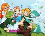 ! 1boy 4girls arm_fins ass belt blonde_hair blue_eyes blue_sky blue_sleeves blush_stickers boots brown_belt brown_boots child closed_eyes closed_mouth commentary dress english_commentary fairy falling_leaves fins fish_girl fold-over_boots grass green_boots green_eyes green_hair green_hairband hairband harem head_fins headdress heart hetero highres hug juliet_sleeves kneeling leaf link long_dress long_hair long_sleeves malon multiple_girls navi neckerchief open_mouth orange_hair organic_bra pointy_ears princess_ruto princess_zelda puffy_sleeves purple_eyes saria_(zelda) short_hair sitting sky smile teeth the_legend_of_zelda the_legend_of_zelda:_ocarina_of_time the_legend_of_zelda:_ocarina_of_time_(remake) upper_teeth_only white_dress wibly97 yellow_neckerchief young_link young_malon young_princess_ruto young_zelda zora 