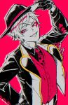  1boy ace_trappola arm_up bad_id bad_tumblr_id collared_shirt gloves grin hat heart heart_print highres ikapnmn2 jacket long_sleeves looking_at_viewer male_focus monochrome necktie open_clothes open_jacket print_necktie red_background red_theme shirt short_hair simple_background smile solo spot_color suit twisted_wonderland upper_body vest 