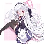  1girl absurdres black_hairband black_thighhighs blue_archive blue_necktie blush commentary double-parted_bangs hair_between_eyes hairband halo highres jacket kei_(blue_archive) kei_(student)_(blue_archive) long_hair long_hair_between_eyes long_sleeves looking_at_viewer miniskirt necktie pink_eyes pink_halo pleated_skirt rectangular_halo ringed_eyes samon_(vxxr8575) shirt signature skirt solo thighhighs very_long_hair white_hair white_jacket white_shirt 