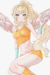 1girl :q aqua_eyes aqua_nails artist_name bare_shoulders blonde_hair blush breasts closed_mouth collarbone commentary cosplay english_commentary feet_out_of_frame fingernails genshin_impact hand_up high_ponytail highres long_hair looking_at_viewer medium_breasts nail_polish navel pointy_ears ponytail satomiiq simple_background sleeveless solo stella_(winx_club) stella_(winx_club)_(cosplay) stomach tongue tongue_out very_long_hair vesna_(genshin_impact) white_background wings winx_club 