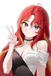  1girl ahoge akane_lize arm_at_side bare_shoulders black_dress black_shirt breasts cleavage closed_mouth commentary_request curtained_hair dress firewall1273 frilled_sleeves frills grey_eyes hand_up highres large_breasts long_hair off-shoulder_dress off_shoulder red_hair shirt short_sleeves simple_background smile solo stellive straight_hair two-tone_dress upper_body v virtual_youtuber white_background white_dress 