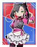  1girl asymmetrical_bangs black_choker black_hair blue_background border choker commentary frilled_skirt frills green_eyes gym_challenge_uniform hair_ribbon highres jewelry leggings looking_at_viewer marnie_(pokemon) midriff midriff_peek necklace pokemon pokemon_sword_and_shield red_background red_ribbon ribbon scrunchie shirt short_twintails skirt solo sparkle tied_shirt tnm_ilu twintails undercut untranslatable_commentary white_border white_skirt 