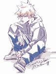  1boy bad_id bad_tumblr_id bakugou_katsuki blonde_hair blue_pants boku_no_hero_academia dated full_body grey_hoodie grey_shoes highres hood hood_down hoodie ikapnmn2 knee_up long_sleeves male_focus pants shoes short_hair signature simple_background sitting solo spiked_hair white_background 
