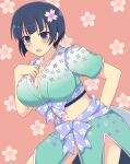  1girl aqua_kimono arm_behind_back blue_eyes blue_hair blue_ribbon blunt_bangs blush breasts cleavage commentary_request floral_background floral_print flower hair_flower hair_ornament hand_on_own_chest ichiryuu_tsumiki japanese_clothes kimono large_breasts looking_at_viewer midriff open_mouth ribbon senran_kagura senran_kagura_shinovi_versus sidelocks yozakura_(senran_kagura) 