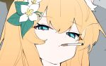  1girl animal_ear_fluff animal_ears blonde_hair blue_archive blue_eyes cigarette close-up commentary_request flower grey_background hair_between_eyes hair_flower hair_ornament half-closed_eyes highres honi_(honi1010) korean_commentary long_hair looking_at_viewer mari_(blue_archive) mouth_hold portrait sidelocks simple_background smoke smoking smug solo white_flower 