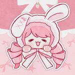  1girl =_= animal_ear_hood animal_ears blush_stickers bow bow_background bowtie chinese_commentary commentary_request drill_hair food fruit fur_hood hair_through_hood happy head_only highres hood long_hair low_twintails nikki_(nikki) nikki_(series) one_ear_down open_mouth outline pawpads pink_background pink_bow pink_bowtie pink_hair pink_theme rabbit_ears shanfengzhu smile solo straight-on strawberry swept_bangs twin_drills twintails white_hood white_outline 