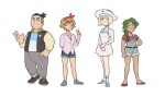  2boys 2girls aged_up black_hair blonde_hair braid braided_ponytail breasts cleavage commentary dark-skinned_female dark_skin dress english_commentary hat headband kiana_mai lillie_(pokemon) mallow_(pokemon) multiple_boys multiple_girls overalls pokemon pokemon_(anime) pokemon_the_series:_sun_&amp;_moon pokemon_the_series:_xy ponytail sandals serena_(pokemon) short_ponytail sun_hat tierno_(pokemon) v vest white_dress 