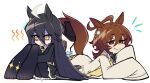  2girls absurdres agnes_tachyon_(tach-nology)_(umamusume) agnes_tachyon_(umamusume) ahoge animal_ears black_coat black_hair black_necktie black_pantyhose brown_hair calamity_brezze chemical_structure closed_mouth coat collared_shirt cork ear_tag earrings hair_between_eyes highres horse_ears horse_girl horse_tail jewelry lab_coat long_bangs long_hair long_hair_between_eyes long_sleeves lying manhattan_cafe_(creeping_shadow)_(umamusume) manhattan_cafe_(umamusume) multicolored_hair multiple_girls necktie on_stomach pantyhose red_eyes shaded_face shirt short_necktie simple_background single_earring sitting skirt sleeves_past_fingers sleeves_past_wrists smile sweater sweater_vest tail test_tube umamusume white_background white_hair wolf_cut yellow_eyes yellow_necktie yellow_sweater yellow_sweater_vest 