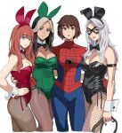  4girls alternate_costume animal_ear_hairband animal_ears black_cat_(marvel) black_eyes black_hair black_leotard black_mask blue_bodysuit blue_eyes bodysuit breasts brown_eyes brown_hair cleavage commentary english_commentary eye_mask fake_animal_ears fingernails fishnet_pantyhose fishnets freckles genderswap genderswap_(mtf) green_leotard green_nails hairband highres holding holding_whip jean_grey leotard looking_at_viewer marvel mask medium_breasts multicolored_bodysuit multicolored_hair multiple_girls nail_polish pantyhose peter_parker petra_parker_(otrebot) playboy_bunny rabbit_ears red_bodysuit red_leotard rogue_(x-men) shiren_(ourboy83) short_hair simple_background spider-man spider-man_(original_suit) spider-man_(series) superhero_costume two-tone_bodysuit two-tone_hair whip white_background white_hair x-men 