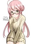 ahoge alternate_costume bad_id bad_pixiv_id blush dated double_bun glasses kantai_collection long_sleeves looking_at_viewer makigumo_(kantai_collection) nekobaka pink_hair ribbed_sweater simple_background sketch sleeves_past_wrists solo sweater twitter_username white_background yellow_eyes 