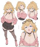  1girl absurdres aran_sweater bare_shoulders black_choker black_skirt black_thighhighs blonde_hair blue_eyes boots breasts cable_knit choker cleavage closed_mouth commentary english_commentary eyewear_on_head full_body glasses hands_on_own_hips highres large_breasts long_hair looking_at_viewer mario_(series) melowh miniskirt multiple_views off-shoulder_sweater off_shoulder open_mouth paid_reward_available pink_boots pink_sweater pleated_skirt ponytail pout princess_peach simple_background skirt sweater sweater_tucked_in thighhighs white_background 