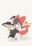  2girls black_boots black_coat black_hair black_hat blonde_hair blush boots bow buttons chibi chibi_only coat commentary_request cyu_ta dress frilled_dress frilled_hair_tubes frills hair_bow hair_tubes hakurei_reimu hat hat_bow kirisame_marisa long_hair long_sleeves multiple_girls open_mouth orange_background red_bow scarf smile touhou white_bow white_dress witch_hat yellow_scarf 