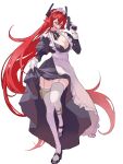  absurdres alternate_costume apron breasts cleavage clothes_lift commentary dress dress_lift fang full_body garter_straps goddess_of_victory:_nikke gun hair_between_eyes handgun highres holster horns l74sc0 large_breasts long_hair maid maid_apron maid_headdress mechanical_horns one_eye_closed puffy_sleeves red_hair red_hood_(nikke) shoes sig_p220/p226 sig_sauer simple_background smile thighhighs unconventional_maid untranslatable_commentary very_long_hair weapon white_background white_thighhighs yellow_eyes 