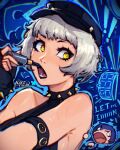  1boy 1girl applying_lipstick applying_makeup arm_strap artist_logo artist_name bare_shoulders black_choker black_hat black_lips blue_background blue_dress blue_gloves blue_hat bluesky_logo chibi choker commentary cosmetics dress elizabeth_(persona) english_commentary english_text gloves hat hatidraw holding holding_lipstick_tube lipstick lipstick_tube logo makeup persona persona_3 persona_3_reload short_hair sleeveless sleeveless_dress spiked_choker spiked_wristband spikes thanatos_(persona) white_hair yellow_eyes yuuki_makoto_(persona_3) 