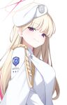  1girl absurdres astra_chichi beret blonde_hair blonde_student_council_president_(blue_archive) blue_archive breasts closed_mouth commentary_request epaulettes from_side halo hat highres jacket large_breasts long_hair looking_at_viewer looking_to_the_side multicolored_hair multicolored_halo pink_streaks purple_eyes purple_halo red_halo simple_background smile solo streaked_hair two-tone_hair two-tone_halo upper_body white_background white_hat white_jacket yellow_halo 