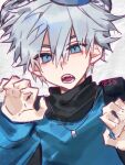  1boy absurdres animal_ears blue_eyes chinese_commentary claw_pose commentary_request fangs hair_between_eyes hands_up hat highres jewelry long_sleeves looking_at_viewer lu_guang male_focus necklace open_mouth shiguang_dailiren shirt short_hair snow_leopard_ears solo turtleneck upper_body white_hair zhi_bai 