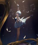  1girl absurdres arm_up ballet bare_shoulders blue_dress blue_gloves blue_hair breasts bridal_gauntlets cleavage commentary_request dancing detached_sleeves dress falling_feathers feathers full_body genshin_impact gloves gold_shoes hair_ornament high_heels highres leg_up looking_at_viewer medium_breasts mizuame_(mizu_illust3) musical_note musical_staff odette_(genshin_impact) parted_lips purple_eyes shoes short_hair single_bridal_gauntlet single_glove solo spotlight star_(sky) starry_sky_background white_bridal_gauntlets 
