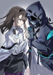  1girl arknights black_skirt brown_eyes brown_hair closed_mouth coat doctor_(arknights) hair_between_eyes highres lab_coat light_smile long_hair looking_at_another pantyhose priestess_(arknights) purple_pantyhose skirt syst098 thighs white_coat 