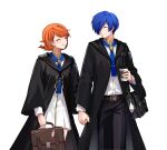  1boy 1girl absurdres arknights bag belt belt_buckle black_bag black_coat black_pants blue_hair blue_necktie blush brown_bag brown_hair buckle closed_eyes closed_mouth coat commentary couple cowboy_shot cup disposable_cup dress earrings english_commentary facing_another flipped_hair gold_trim hair_over_one_eye height_difference hetero highres holding holding_bag holding_cup holding_hands hood hooded_coat jewelry laterano_school_uniform long_sleeves necktie official_alternate_costume pants parted_lips persona persona_3 persona_3_reload school_bag school_uniform shirt short_hair shoulder_bag smile stud_earrings takeba_yukari tonyrg33 variant_set white_background white_dress white_shirt yuuki_makoto_(persona_3) 