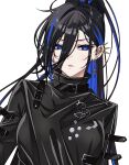  1girl absurdres alternate_costume ayase_yuu ayase_yuu_(2nd_costume) belt black_belt black_hair black_shirt blue_eyes blue_hair blue_streaks breasts colored_inner_hair commentary_request diamond-shaped_pupils diamond_(shape) ear_piercing earrings high_collar highres jewelry logo long_bangs long_hair long_sleeves looking_at_viewer maximum_pamyu multicolored_hair multiple_belts multiple_earrings official_alternate_hairstyle parted_lips phase_connect piercing pink_lips ponytail shirt simple_background solo spiked_ear_piercing streaked_hair symbol-shaped_pupils variant_set virtual_youtuber visual_kei white_background 