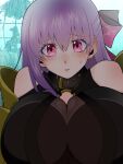  1girl absurdres bare_shoulders blush breast_press breasts claw_(weapon) collar commentary_request criss-cross_halter fate/grand_order fate_(series) hair_ribbon halterneck highres huge_breasts long_hair looking_at_viewer o-ring passionlip_(fate) pink_eyes pink_ribbon purple_hair ribbon see-through_cleavage see-through_clothes solo very_long_hair wagu_neru weapon 