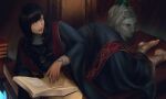  1girl absurdres black_hair blue_eyes blue_robe book closed_mouth commentary elden_ring english_commentary feet foot_out_of_frame hair_between_eyes highres holding holding_book indoors jewelry lips long_hair looking_at_viewer lying necklace on_side robe skinky solo sorceress_sellen toes 