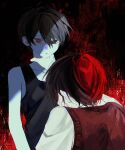  2boys antenna_hair black_eyes black_hair black_sweater_vest black_tank_top collarbone collared_shirt colored_skin commentary_request double-parted_bangs dual_persona hair_between_eyes hand_on_another's_neck highres looking_at_another male_focus multiple_boys omori omori_(omori) rou_(h_s_sinrin) shirt short_hair short_sleeves sunny_(omori) sweater_vest tank_top white_shirt white_skin 