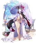  1girl animal_ear_fluff animal_ears basket beach bikini black_hair blue_archive blue_sky bracelet breasts brown_sandals chair cleavage cloud cocktail colored_inner_hair cooler covered_face crazy_straw cup day deck_chair drink drinking_glass drinking_straw flip-flops floral_print flower flower_knot folding_chair food footwear_flower fox_ears fox_girl fox_mask fox_tail fruit full_body game_asset hair_flower hair_ornament halo halo_behind_head hand_on_own_chest hand_up heart_straw highres holding holding_umbrella jewelry large_breasts large_variant_set leaning_forward legs legs_together long_hair long_legs mask multicolored_hair namyo navel official_art oil-paper_umbrella orange_(fruit) orange_slice outdoors palm_tree parasol petals pink_flower purple_flower red_halo sandals seashell shell side_ponytail skindentation sky solo standing starfish strawberry string_bikini swimsuit swimsuit_cover-up table tachi-e tail tail_flower tail_ornament thick_thighs thigh_strap thighs third-party_source transparent_background tree umbrella variant_set very_long_hair wakamo_(blue_archive) wakamo_(swimsuit)_(blue_archive) white_bikini white_flower 