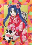  1girl artist_name back_bow blue_hair bow brown_eyes color_ink_(medium) curtained_hair double_bun floral_background floral_print floral_print_kimono flower full_body green_bow hair_bun hair_flower hair_ornament japanese_clothes kimono long_hair looking_at_viewer on_one_knee open_mouth original pink_flower plum_blossoms print_bow print_kimono red_kimono sandals smile socks solo stuffed_animal stuffed_cow stuffed_toy suzumame traditional_media twintails white_socks 