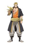  1boy anime_coloring black_coat black_nails blonde_hair bracelet brown_eyes carrion_(tensura) chest_tattoo clenched_hand coat collarbone collared_coat ebata_ryouma fingernails full_body gold_trim grey_pants grey_shoes hand_up jewelry looking_at_viewer male_focus muscular muscular_male official_art open_clothes open_coat orange_trim pants red_tattoo second-party_source sharp_fingernails shoes short_hair simple_background smile smirk solo spiked_hair standing tachi-e tattoo tensei_shitara_slime_datta_ken transparent_background yellow_eyes 