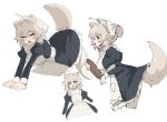  1girl absurdres ahoge animal_ears apron astrae_oratio breasts cleavage cropped_legs dress frilled_dress frills from_side hair_intakes highres kosobin large_breasts leaning_forward maid maid_apron multiple_views sakuba_yuki simple_background sketch stretching tail thighhighs white_background white_hair white_thighhighs wolf_ears wolf_girl wolf_tail 