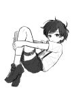  1boy alternate_costume antenna_hair blush bright_pupils closed_mouth commentary expressionless full_body greyscale highres looking_at_viewer male_focus monochrome omori rami_1300 shoes short_hair short_sleeves shorts simple_background socks solo sunny_(omori) suspender_shorts suspenders untranslatable_commentary 