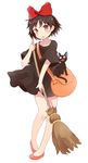  animal black_cat black_hair bow broom brown_eyes cat cupen hair_bow hairband highres jiji_(majo_no_takkyuubin) kiki majo_no_takkyuubin short_hair 