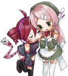  2girls ahoge apron bare_shoulders belt beret bow bowtie collared_apron commentary_request dress drill_hair food_print fruit_print green_dress green_eyes green_hat green_sleeves hair_ornament hairclip hand_on_another's_shoulder hat highres kasane_teto kasane_teto_(utau) lace-trimmed_dress lace_trim long_hair momone_momo multiple_girls parallel_hairclips peach_print pink_hair red_belt red_bow red_bowtie red_eyes red_hair red_trim robot_ears shoulder_belt sleeve_bow sonosickte twin_drills utau white_apron white_background yuri 