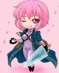  alternate_costume bodysuit breasts chibi commentary_request eating gloves looking_at_viewer lowres madara_inosuke medium_breasts one_eye_closed pink_eyes pink_hair pixel_art purple_bodysuit saigyouji_yuyuko short_hair skin_tight smile solo sword sword_world_2.0 touhou weapon 